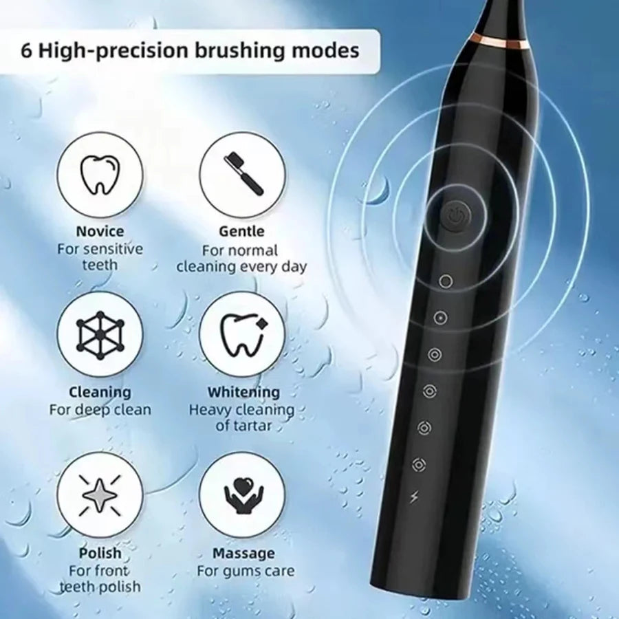Cepillo de dientes eléctrico ultrasónico de 6 velocidades, recargable por USB