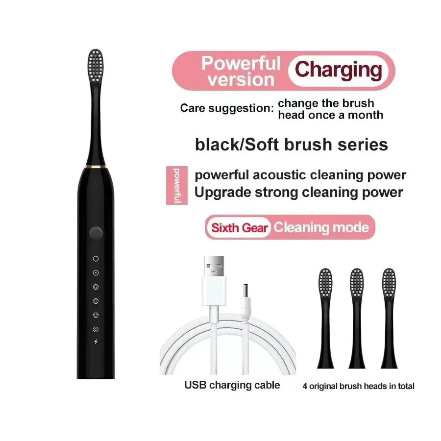 Cepillo de dientes eléctrico ultrasónico de 6 velocidades, recargable por USB